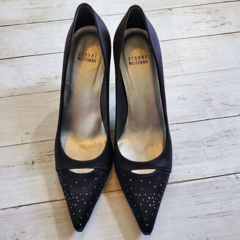 Stuart weitzman black satin high heel stiletto w‎ rhinestones size 8.5 poiny Toe